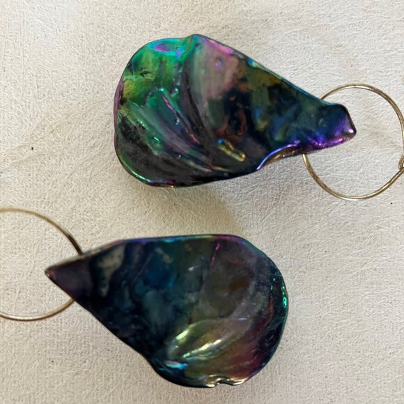 Iridescent Hoop Earrings Blue Green Purple Shell Hand Crafted Dangle Pierced New - Picture 6 of 7